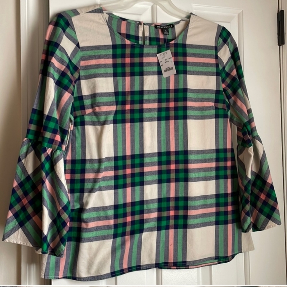 J Crew Mercantile Plaid Bell Sleeve Top